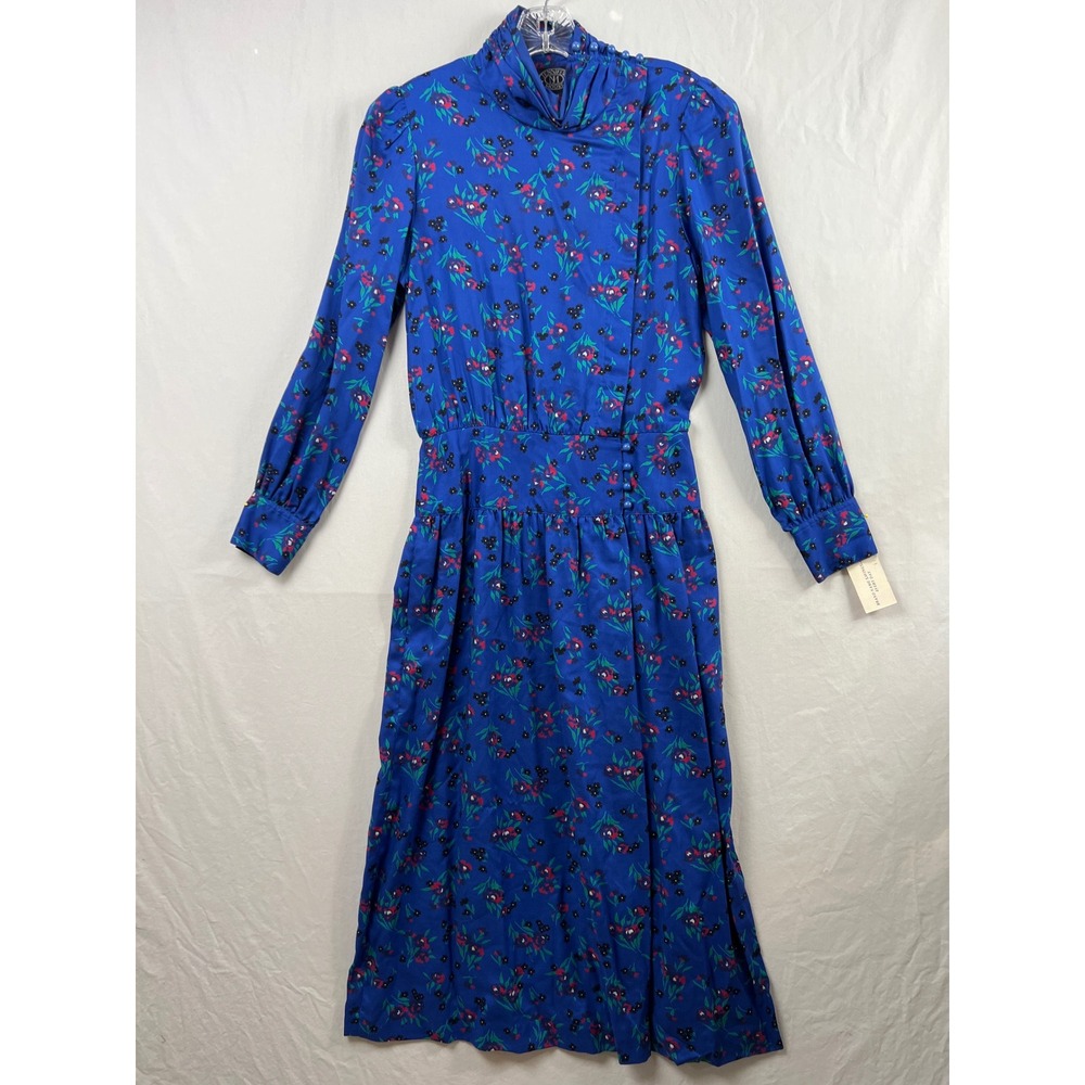 Vintage 90s Jennifer Moore Floral Midi Dress Women 8 Blue Mock Neck Long Sleeve